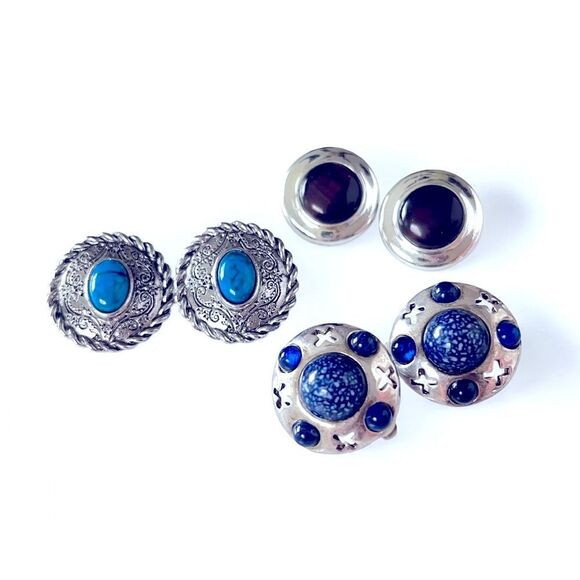 Vintage Silver Cabochon Western Clip Earrings Lot - Picture 1 of 4